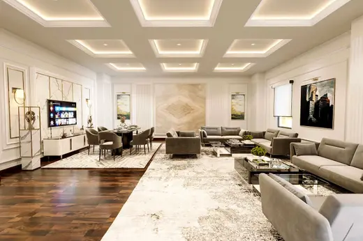 Sala ampla com sanca de gesso e iluminação embutida (imagem ilustrativa)